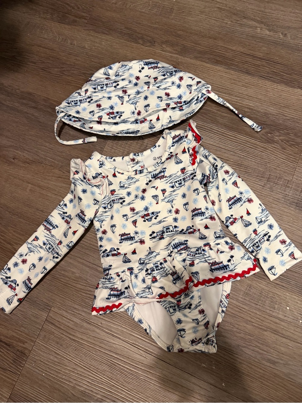 Long-Sleeve Swim Set in Cream with Red & Blue Nautical Print- 18month- nwot